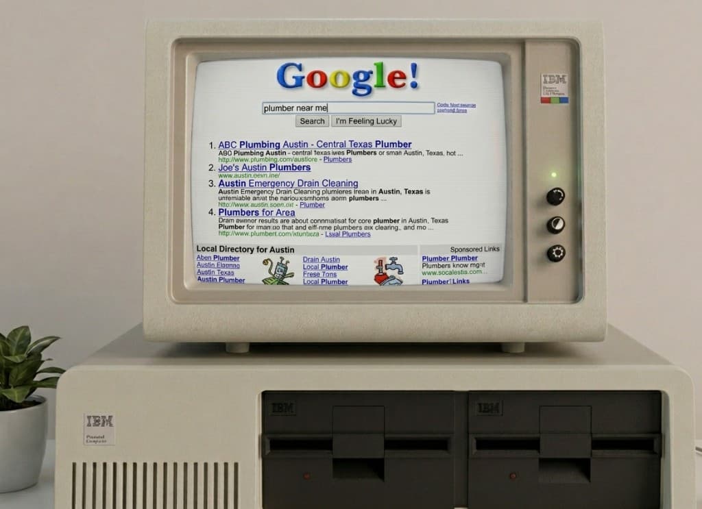 Retro computer showing old search results for plumbers